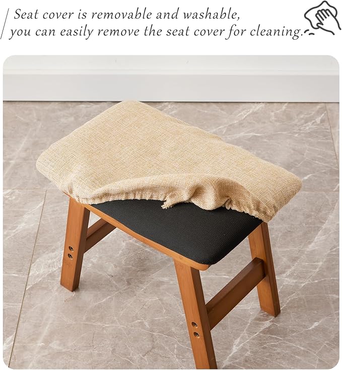 Foot Stool,Ottoman,Bamboo Small Sofa Foot Rest Under Desk,Extra Seating for Living Room, Bedroom and Kitchen(Brown Stool Legs - Beige Surface)