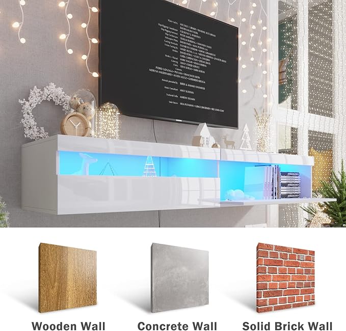 Floating TV Stand with Led Lights, 71 inch Wall Mounted TV Shelf with Power Outlet, Modern Entertainment Center Media Console with Storage Cabinet, Up to 80 Inch TVS, White