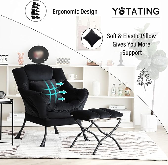 Lazy Chair with Ottoman, Comfy Reading Lounge Chair with Footstool & Throw Pillow Modern with Armrests & Side Pocket for Living Room, Bedroom, Dorm Room, Velvet Black