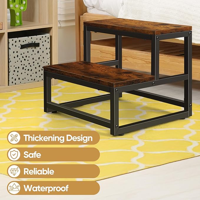 Wood and Metal 2 Step Stool for Adults & Kids – Heavy Duty Rustic Step Stools, 500 Lbs Capacity Non-Slip Stepping Stool for High Beds, Kitchen, Bathroom, Closet, Durable Foot Stool for Home Use