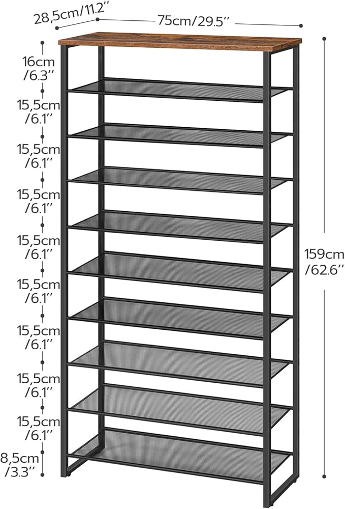 HOOBRO 10-Tier Shoe Rack, 29.5" L Shoe Storage Organizer, Large Capacity Shoe Shelf for Front Door Entrance, Entryway, Hallway, Holds 36-40 Pairs of Shoes, Closet, Rustic Brown and Black BF107XJ01