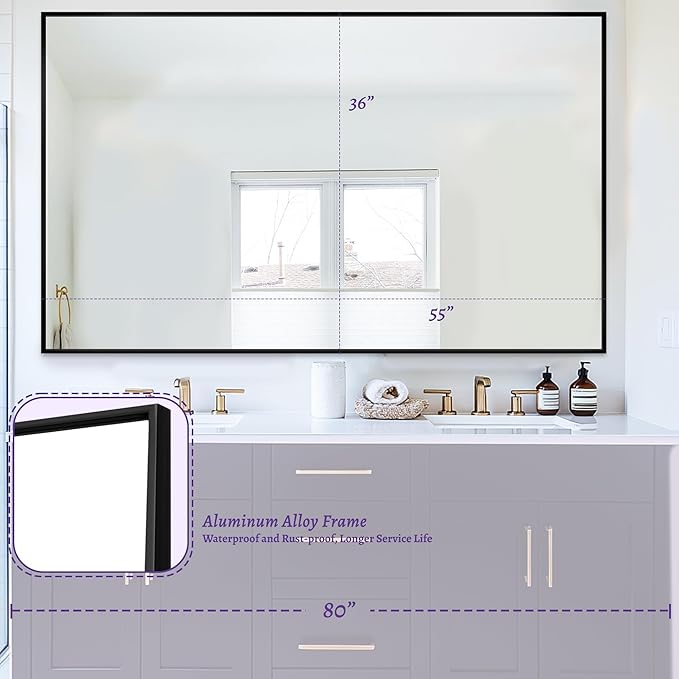 Bathroom Mirror, 55" x 36" Wall Mirror, Rectangular Aluminum Alloy Frame Contemporary Hanging Mirror for Living Room Bathroom, Black Rectangle Corner