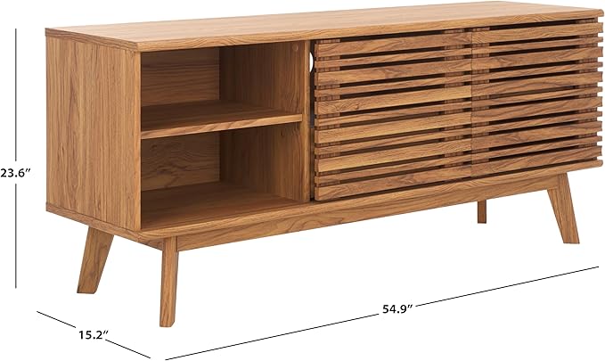 SAFAVIEH ESMA TV Stand for up to 60" Flatscreen – Oak Brown, Low Sideboard with 2 Sliding Doors, 1 Open Shelf, 1 Drawer, Entertainment Media Console (MED9638D)