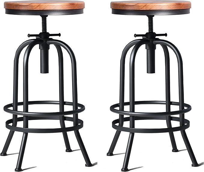Diwhy Industrial Bar Stool-26-32 Inch Adjustable Swivel Metal Wood Seat Stool Bar Height Bar Stool with Footrest-for Kitchen, Dining Side Chair, Pub, Bistro, Set of 2, Black