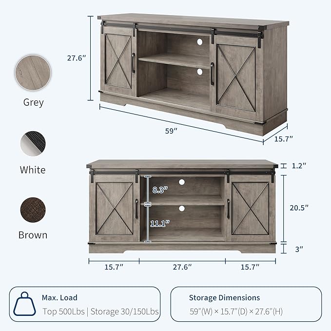 Farmhouse 59" TV Stand Up to 65 Inches, Mid Century Modern TV Entertainment Center with Storage Cabinets & Open Shelves, Wood TV Cabinet for Living Room, Grey