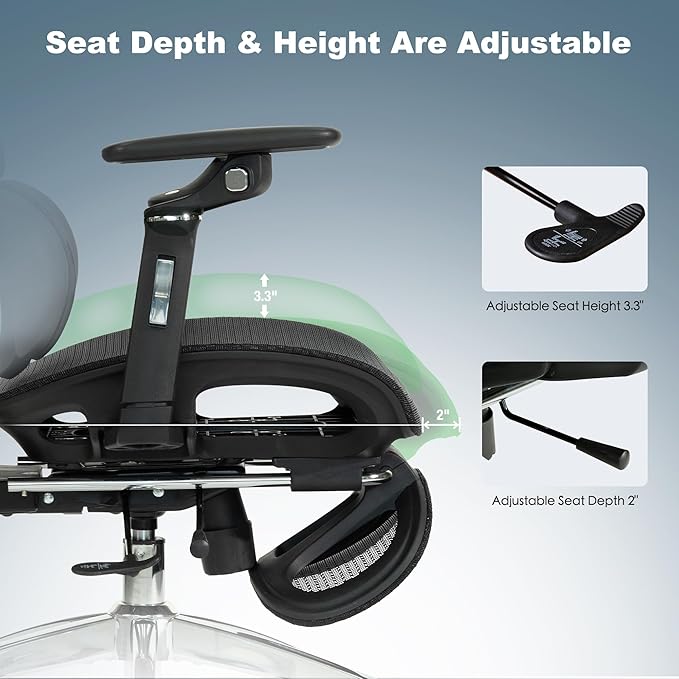 Ergonomic Mesh Office & Gaming Chair with Footrest, High Back Home Office Desk Chair, Comfortable 3D Lumbar Support, 130° Tilt, Adjustable Seat Depth, Adjustable 6D Armrest & 3D Headrest