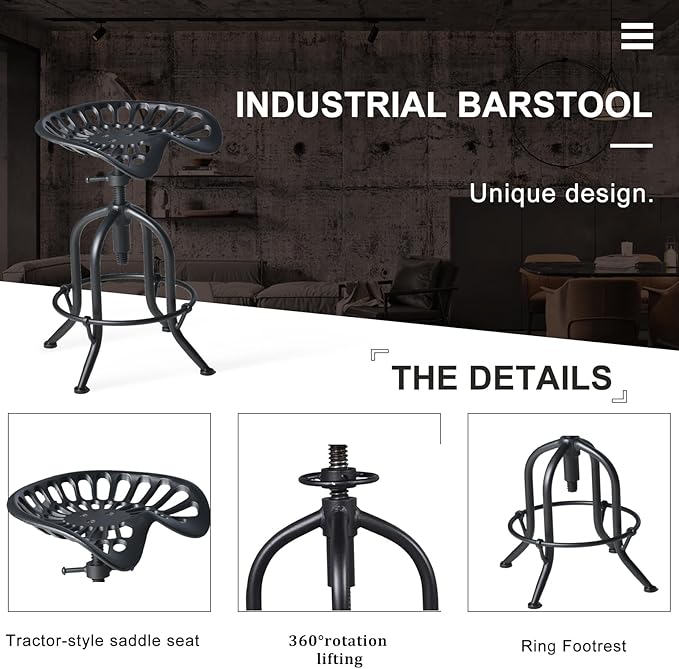 Industrial Bar Stool Farmhouse Tractor Saddle Stool Kitchen Counter Height Adjustable Bar Stool Metal Bar Stool 19.6-24 Inch Pub Bar Stool,Set of 2, Black