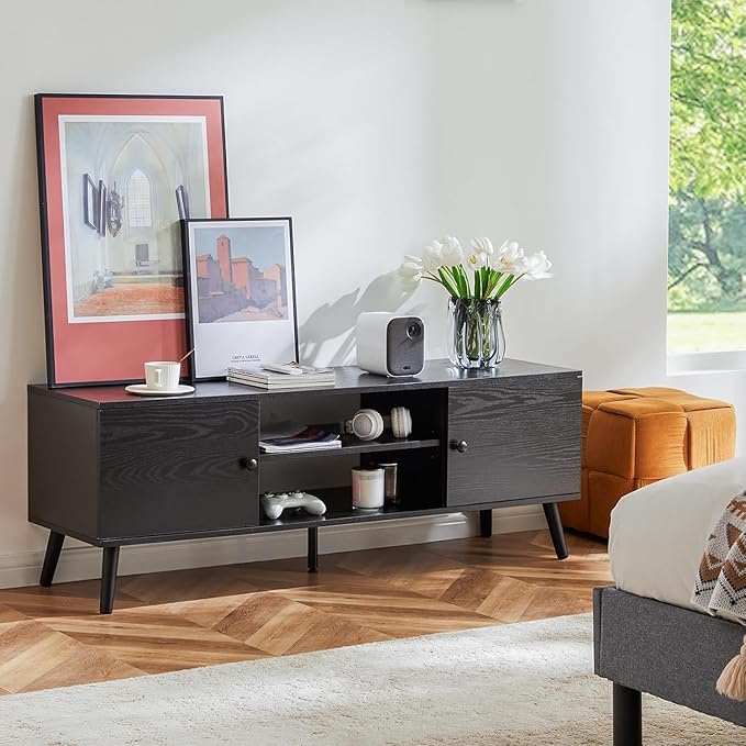 Sweetcrispy TV Stand for 55 60 inch TV, Modern Mid Century Entertainment Center with Storage, Media Console Table 2 Cabinet, Soft Hinge, Handle Door, Wooden Living Room, Office Furniture, Pure Black