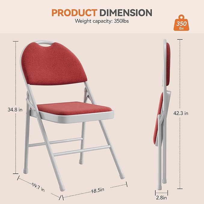 GarveeHome 2 Pack Folding Chairs with Fabric Padded, Metal Foldable Chair Linen Cushion and Back for Indoor Outdoor, Commercial Stackable Guest Chairs for Camping, Dining Room, Office, Wedding, Red