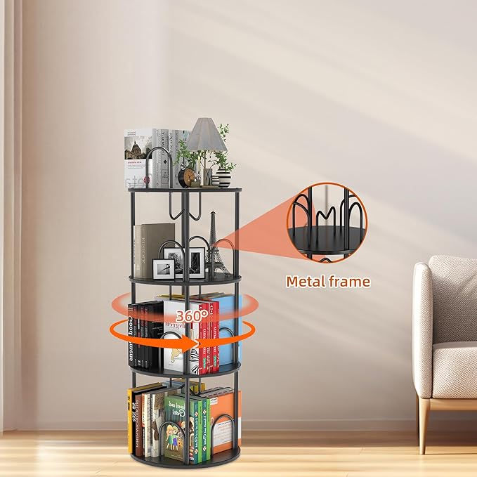 3 Tier Rotating Bookshelf, 360° Spinning Bookshelf Tower, Round Narrow Space Saving for Books and Display, Revolving Bookcase Corner Tall Book Shelf for Small Spaces, Bedroom, Living Room, Black+Black