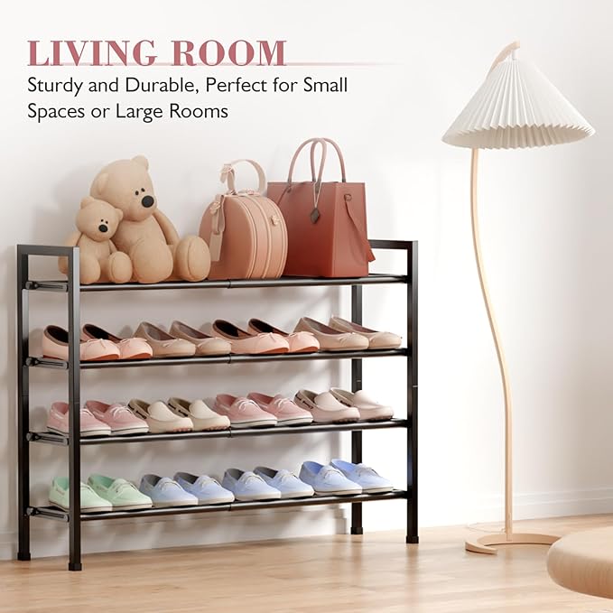 Bumusty 4-Tier Expandable Shoe Rack for Closet, 18“-33” Adjustable Shoe Rack for Small Space, Small Shoe Organizer for Front Door, Sturdy Metal, Dark Black