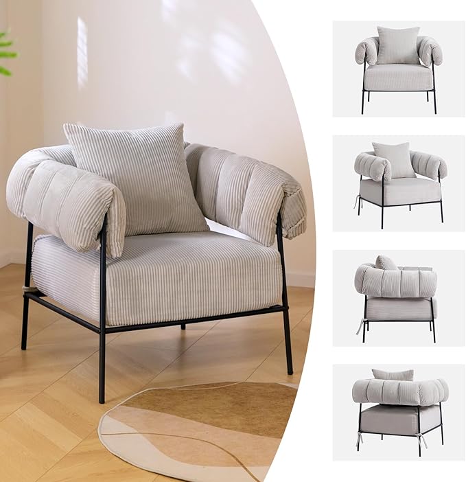 HollyHOME Modern Velvet Accent Chair, Upholstered Comfy Reading Chair, Fabric Large Lazy Arm Chair with Soft Cushion, Metal Frame Lounge Sofa Chair for Living Room, Bedroom, Balcony, Grey