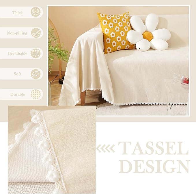 HANDONTIME Beige Couch Covers for 3 Cushion Couch - Cute Daisy Lace Pet Protector - Thick Chenille - 71" X134"