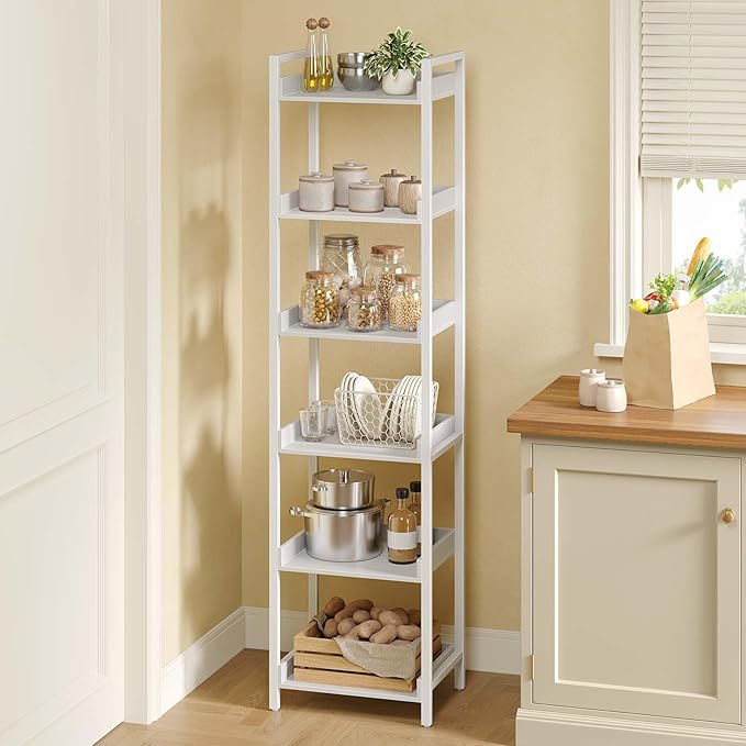 Rolanstar Bookshelf, 6-Tier Storage Rack, Narrow Corner Bookshelf, Display Wooden Shelves for Living Room, Bathroom, Balcony, Kitchen,White