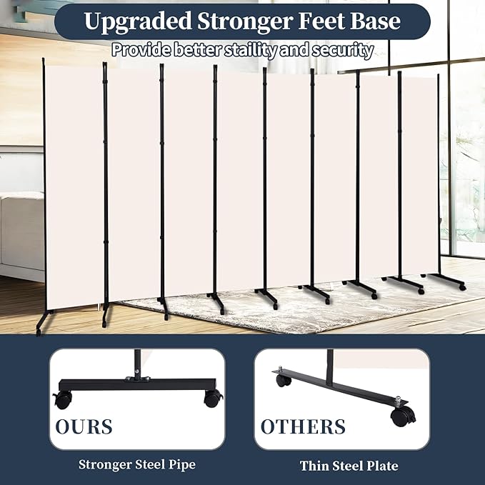 Room Divider Folding Privacy Screens with Lockable Wheels, 176'' Fabric Partition Room Dividers Freestanding Room Divider Panel for Room Separation, Wall Divider for Home Office Bedroom Studio Decor