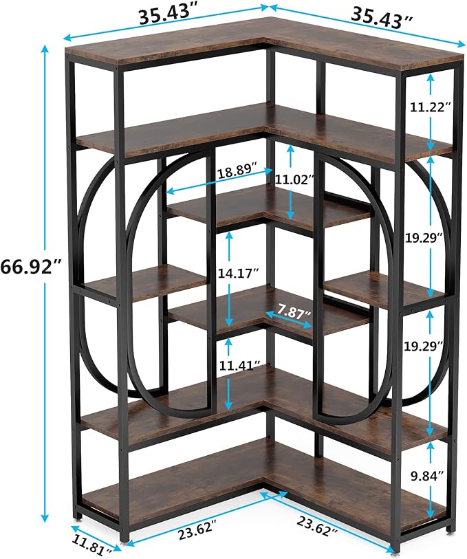 LITTLE TREE Large Corner Bookshelf Industrial Bookcase for Living Room Home Office,Brown