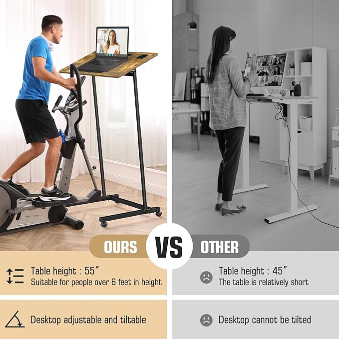 Treadmill Desk, Mobile Small Standing Desk with Wheels for Walking Pad, Portable Table for Laptop, Rolling Table Adjustable Height, Bedside Table