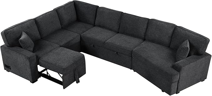 126" Extra Large Pull-Out Sofa Bed with Drop-Down Cup Holder Tables,L-Shaped Sectional Couch W/Charging Device,Convenient Sleeper Furniture Set for LivingRoom Apartment,Beige Chenille