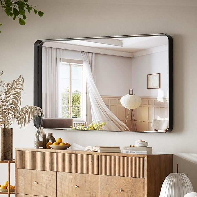 Large Bathroom Mirror 30x56 inch, Gorgeous Deep Frame Wall Vanity Mirror for Over Sink with Shatterproof Tempered Glass, Hanging Horizontal or Vertical, Black