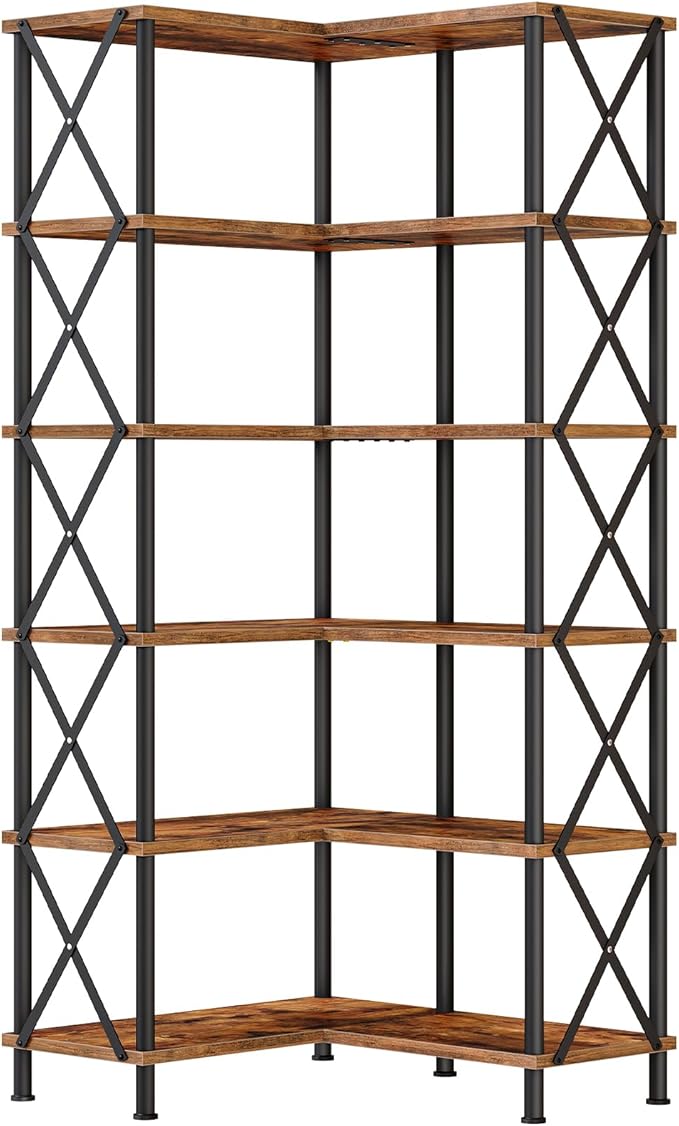HOOBRO Corner Bookshelf, 6-Tier L-Shaped Bookcase, Industrial Open Display Shelf Tall Storage Organizer, Vertical Storage Rack, for Living Room, Home Office, Rustic Brown and Black BF61SJ01