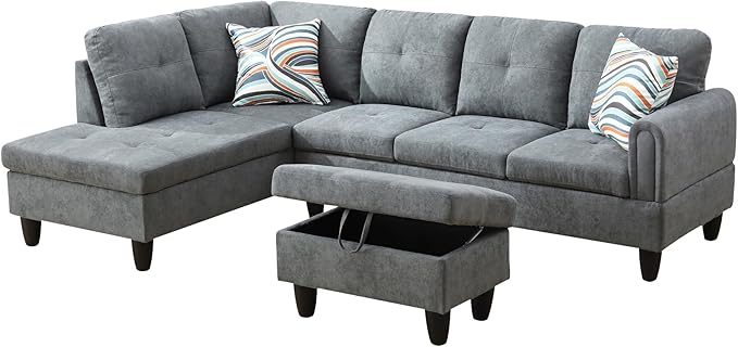 Osparple L Shaped Couch Sectional Couches for Living Room Upholstered Fluffy Fabric 3 Pieces Modular Sectional Sofa with Chaise, Ottoman with Storage for Living Room and Small Apartment, Dark Grey