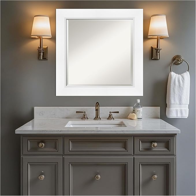 Amanti Art White Bathroom Mirror for Over Sink, 26x26 Sloped White Square Vanity Mirror, Medium Modern Contemporary Frame, Hangs Horizonally and Vertically, Bathroom Wall Decor, Beveled Edge