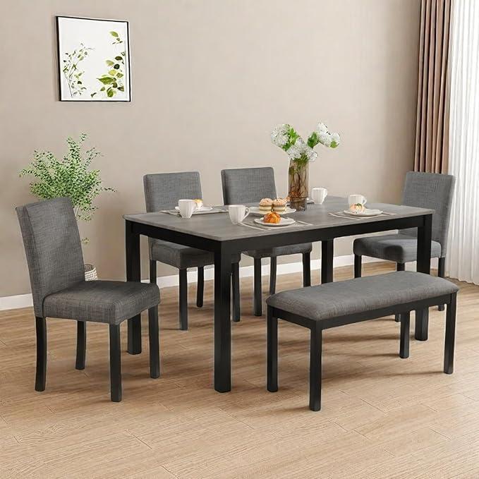 Dining Table Set for 5, 6-Piece Kitchen Table & Chairs Set with Rectangular Table, Bench & 4 Upholstered Chairs, 39'' Dinner Set with Wood Legs & Curved Backrest for Kitchen, Light Black