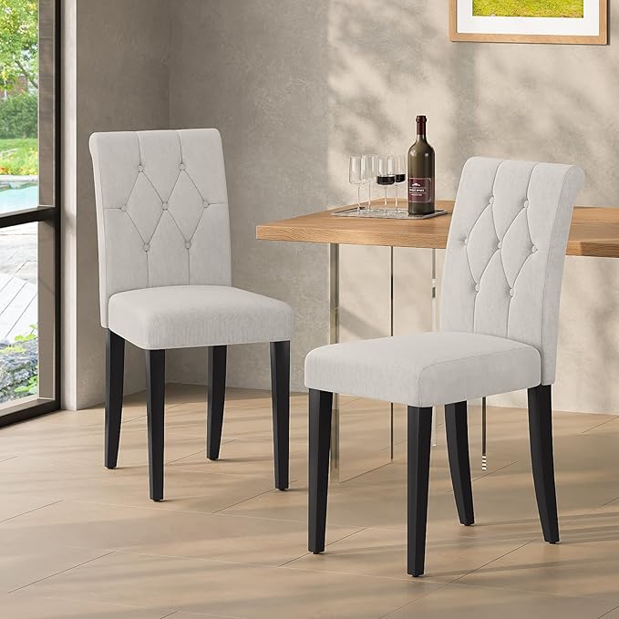 Upholstered Dining Chairs Set of 6, Button Tufted Parsons Dining Chair with Solid Wood Legs, Modern Fabric Side Chair for Dining Room/Kitchen/Restaurant/Hotel- White