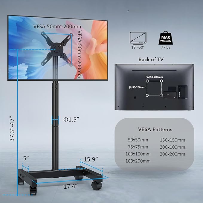 AX WABER Mobile TV Floor Stand for 13-50 inch LCD LED Flat/Curved Panel Screen TVs up to 77 lbs, Height Adjustable TV Stand Mount with VESA 200x200, Portable TV Stand with Tilt Function AX1007TBM