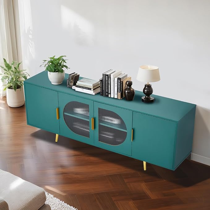 VEVOR TV Stand for TVs up to 75 inch, Modern Entertainment Center with Glass Doors and Gold Legs, TV Cabinet Storage with Adjustable Shelves, Media Console Table for Living Room and Bedroom, Green