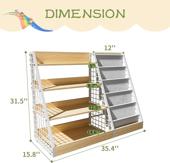 Kids Book Shelf,4 Tier Wooden Bookshelf,5 Layer Sling Children Bookcase,Toy Organizer Cabinet Chest,Book Display Shelf with Metal Frame, Nursery Playroom Classroom Library (Natural)