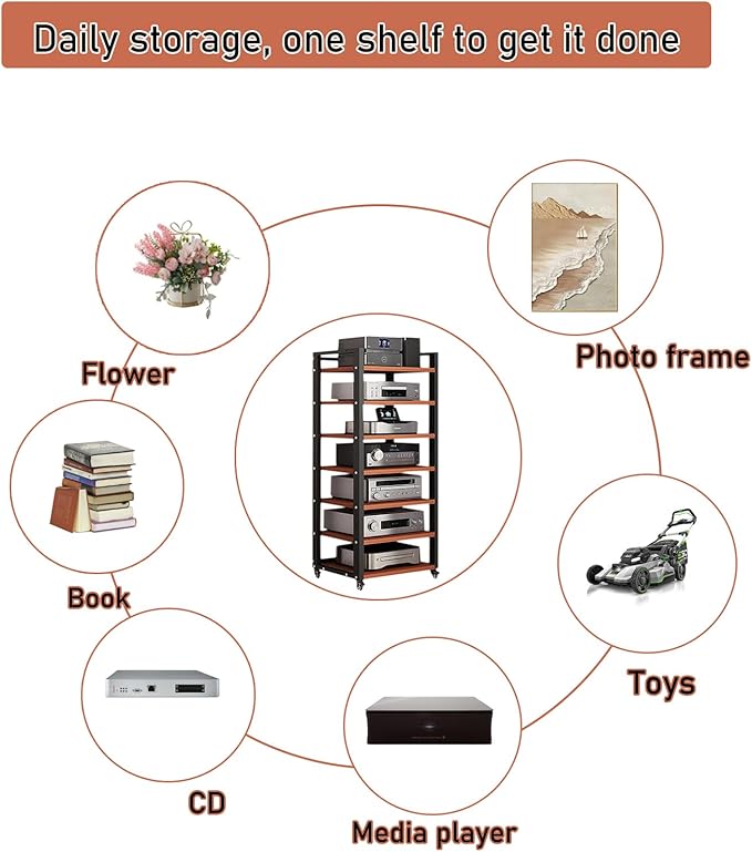 7 Tier Audio Rack Tower, CD Record Player Stereo Receiver AV Equipment Cabinet Display Rack, Weight capacity 661 lbs, with Adjustable Wooden Shelves for Home (TEAKWOOD, 7 TIER 55×19.7×15.7IN)