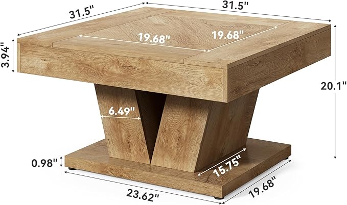 LITTLE TREE Square Coffee Table, Modern Rustic Coffee Table for Living Room, Wooden Table with Adjustable Feet, Oak