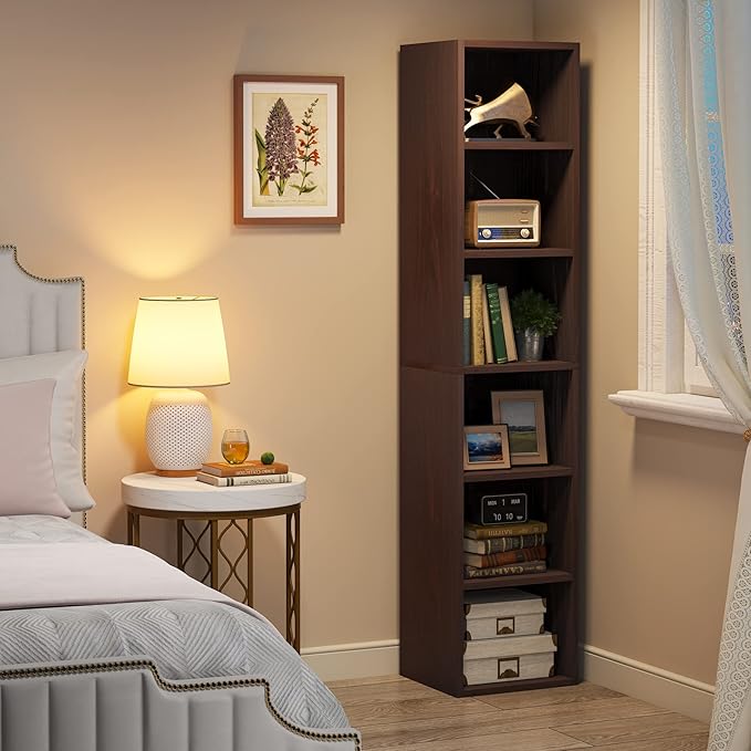 LITTLE TREE 70.9 Inch Tall Narrow Bookcase, Corner Bookshelf 6 Tier Cube Display Shelf Storage Organizer for Small Space, Brown