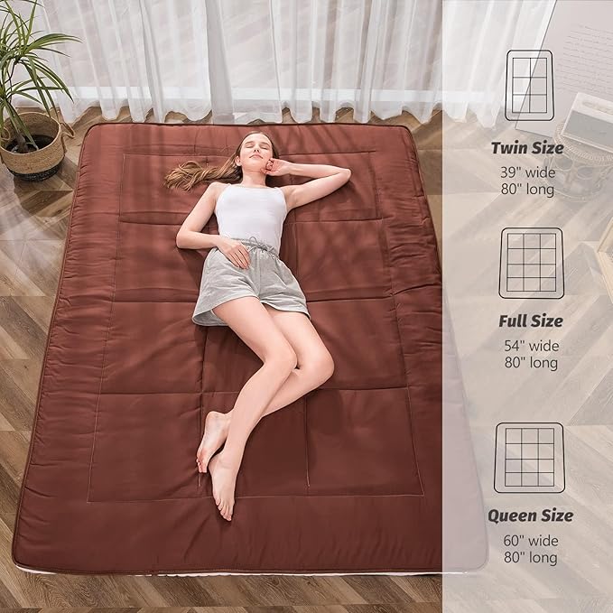 MAXYOYO Futon Mattress, Japanese Floor Mattress Queen Size, Quilted Bed Mattress Topper, Extra Thick Folding Sleeping Pad Breathable Floor Lounger Guest Bed for Camping Couch, Coffee