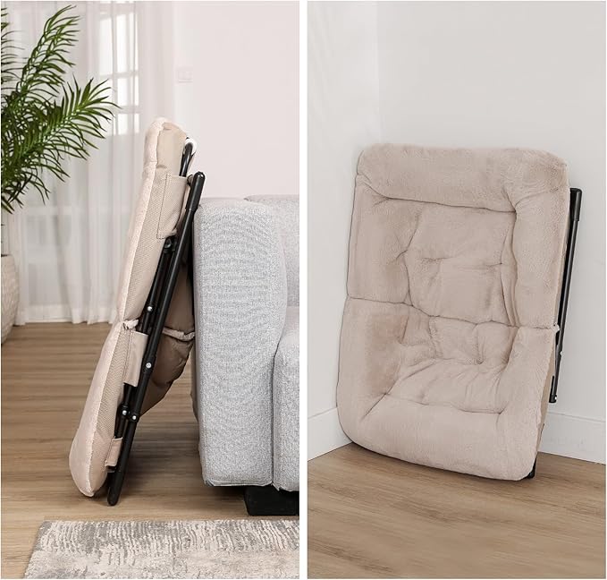 Comfy Saucer Chair for Adults, Soft Faux Fur Bedroom Chair, Accent Dorm Chairs, Flexible Living Room Reading Chairs, Oversized Folding Lounge Seat for Teens, X-Large, Light Khaki