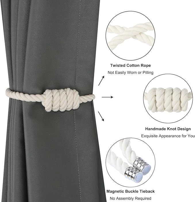 BEL AVENIR Magnetic Cotton Curtain Tiebacks, Decorative Drapery Holdbacks Modern Woven Tie-Backs with Exquisite Knot (Cotton, 6 Pack)
