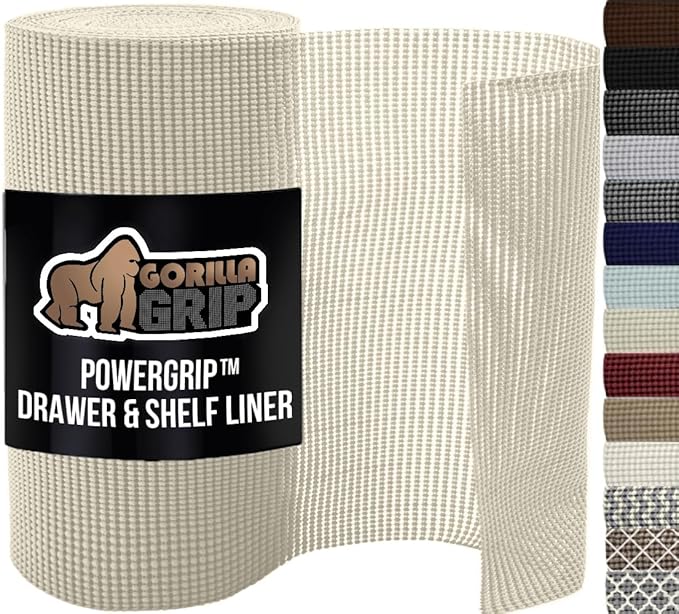 GORILLA GRIP powerGRIP Drawer Shelf and Cabinet Liner, Thick Strong Hold, Non-Adhesive Liners Protect Kitchen Cabinets and Cupboard, Bathroom Drawers, Easy Install, Breathable Mat, 12" x10' Cream