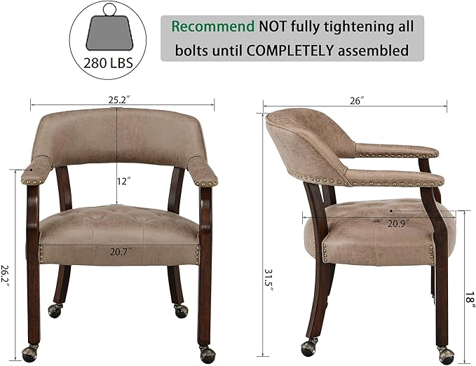 LEEMTORIG Large Dining Chairs with Casters and Arms, Rolling Dining Chairs with Wheels, Accent Wood Boss Caption's Chairs, 26" D x 25.2" W x 31.5" H, Espresso Legs & Yellowish Brown Fabric SY-318-LT