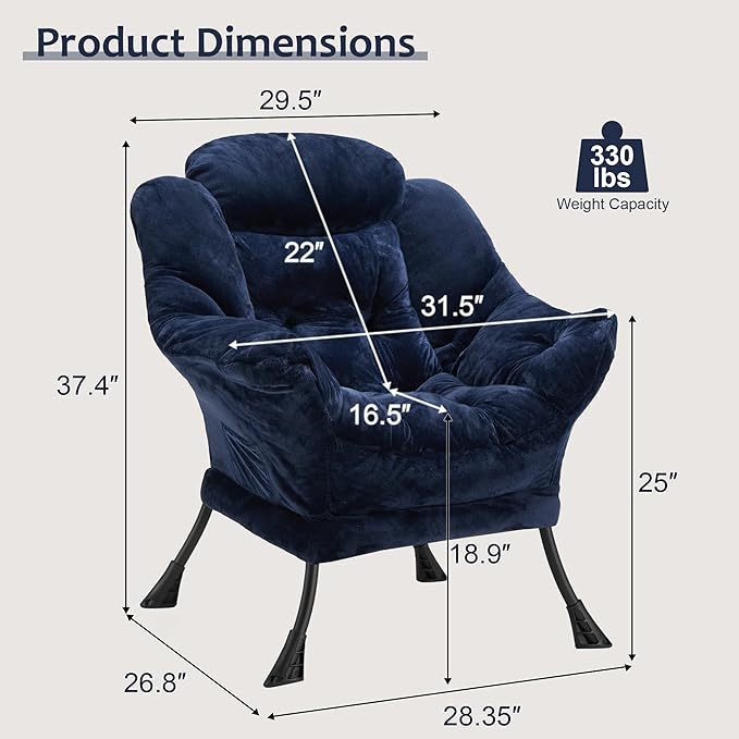Fabric Lazy Chair for Adults, Oversized Upholstered Sofa Chair, Plush Comfy Lounge Chair with Large Side Storage Pocket, Thick Padded Reading Chair for Living Room, Bedroom, Office, Navy Blue