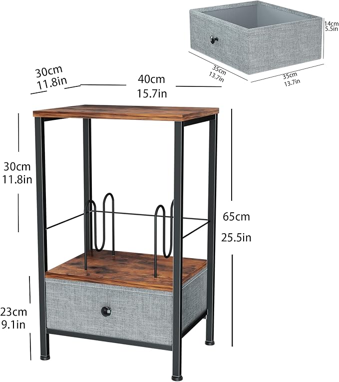 Record Player Stand with Vinyl Storage, 2-Tier Record Shelf Table with Fabric Drawer, Holds Up to 60 Vinyl Records, Record Player Table for Turntable and Albums, 15.75"D × 11.81" W× 25.59"H