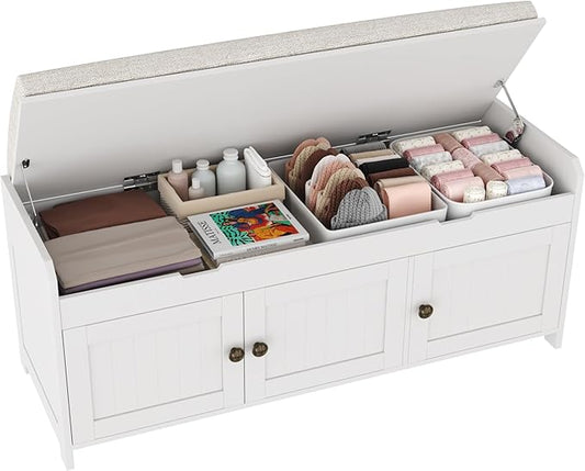 HOMEFORT 41.3" Shoe Bench with Lift Top Storage, Entryway Bench with Cushioned Seat, Wooden End of Bed Bench, Shoe Cabinet Bench with Hidden Storage Space, for Bedroom, Hallway,White