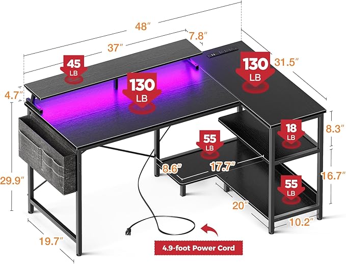 ODK 48 Inch Gaming Desk with USB Charging Ports and LED Lights, Reversible L Shaped Computer Desk with Storage Shelves & Monitor Stand, Corner Gamer Desk Table with Power Outlets, Black