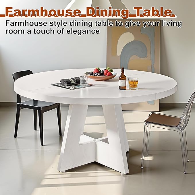 Round Dining Table for 4, 47 Inch Dinner Table Farmhouse Wooden Circle Kitchen Tables with Cross Base for Dining Room, Kitchen, Living Room, White