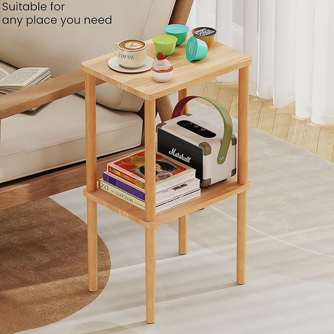 Solid Wood Side Table, 2-Tier Small End Table with Storage Shelf, Tall Nightstand Bedside Table for Bedroom, Living Room, Kids Room & Small Spaces. No-Tool Assembly.