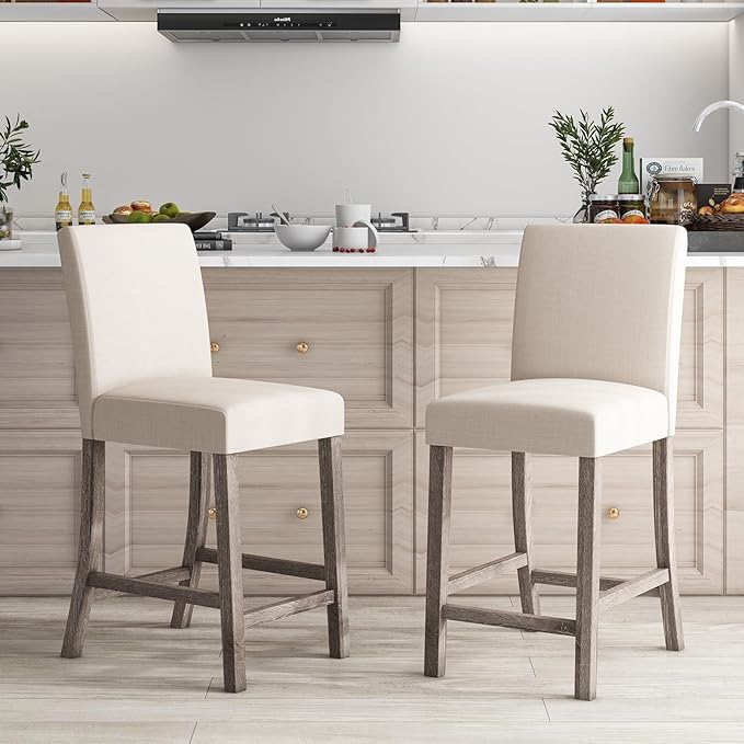 COSTWAY Upholstered Counter Height Stools Set of 2, Bar Stools w/Ergonomic Backrest, Solid Wood Frame, 24.5” Fabric Counter Height Chairs for Kitchen Island, Dining Room, Pub (Beige)