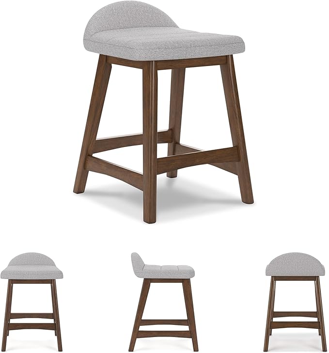 Signature Design by Ashley Lyncott Contemporary 28.5" Counter Height Upholstered Bar Stool with Foam Cushion, 2 Count, Light Gray & Brown