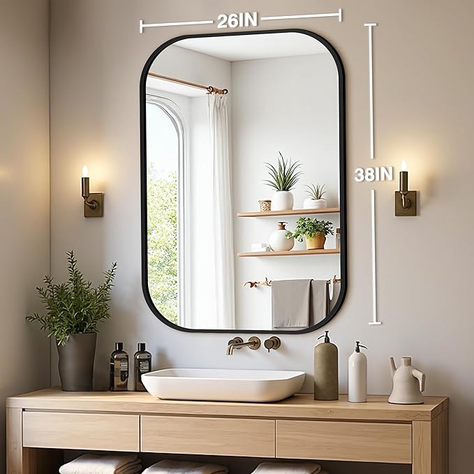 Bathroom Mirrors for Over Sink, 26x38 Black Vanity Mirror for Bathroom Sink, HD Shatterproof Squircle Wall Mirror for Bathroom Washroom Lavatory Restroom Metal Frame