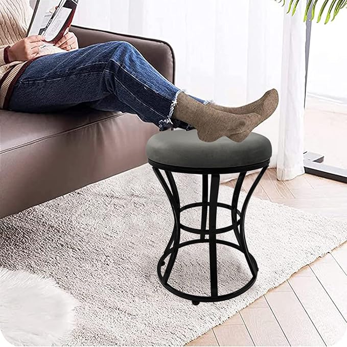 Vanity Stool, Grey Stools for Makeup Room, Round Ottoman Foot Stool, Velvet Footrest Vanity Chair for Bathroom, Bedroom, Living Room Furniture, Entryway, Offices