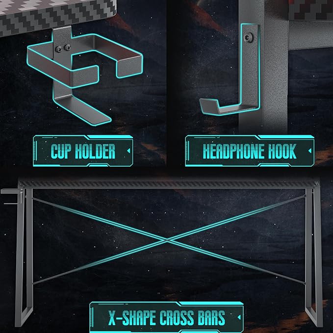Gaming Desk with Hutch and LED Lights, Gaming Computer Desk with Power Outlets, Gamer Desk with Storage Shelves, PC Game Desks with Pegboards, for Bedroom, Carbon Fiber Black, 49"
